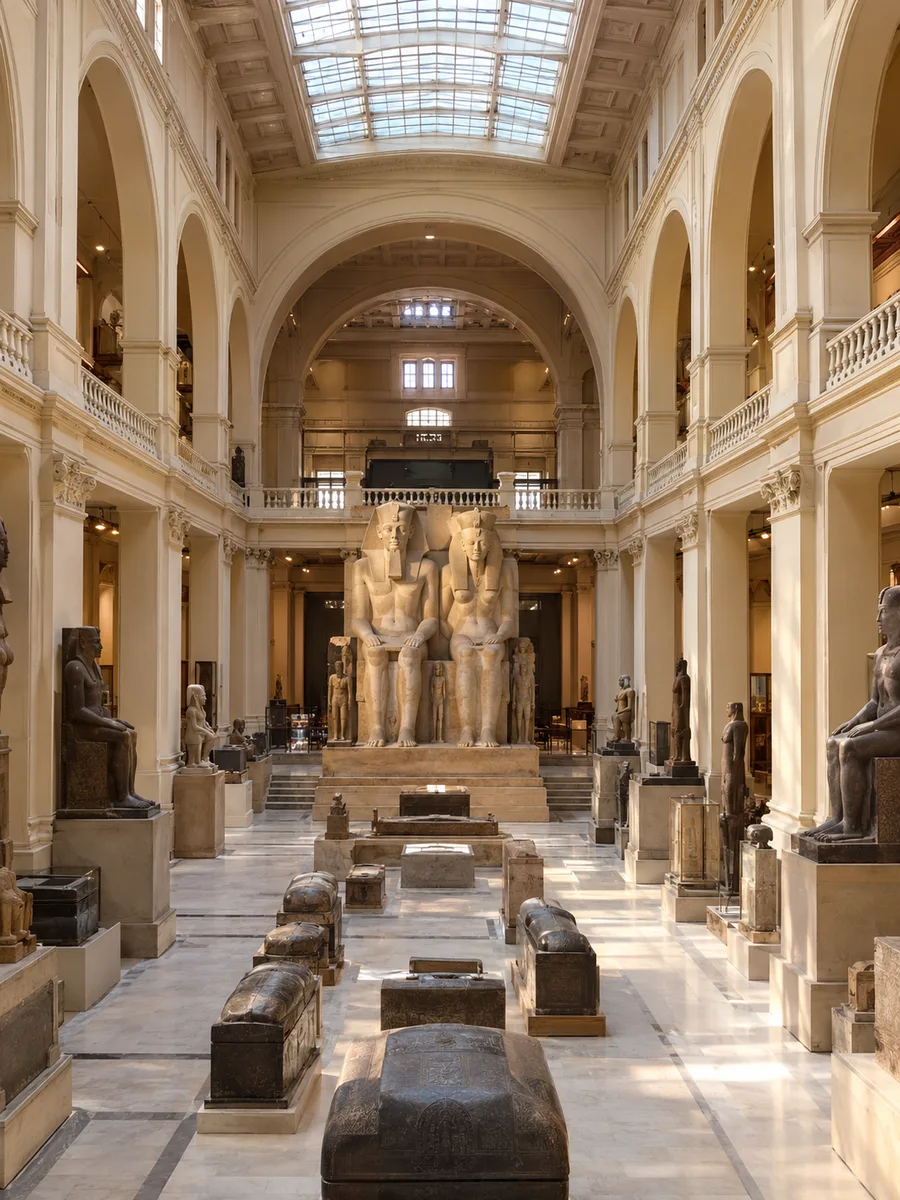 The central atrium of the Egyptian Museum with a colossal seated royal couple under the skylight