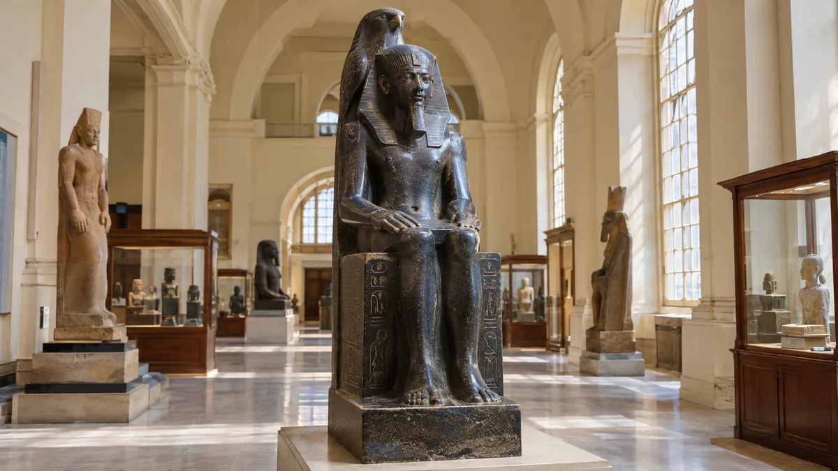 A dark stone seated statue of a pharaoh in a bright gallery with arched windows